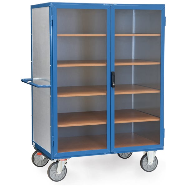 Rollbarer Schrank mit Glastüren und Holzregalen