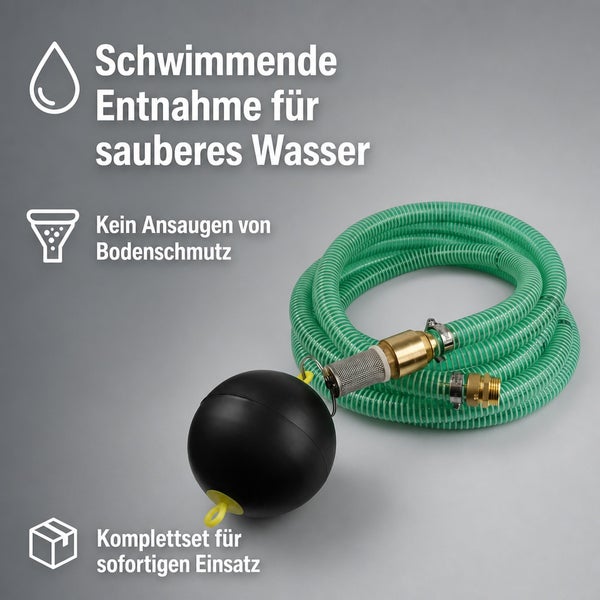 Schwimmende Entnahmeeinheit mit Saugschlauch und Filter für sauberes Wasser aus Zisternen oder Regentonnen, inklusive Montagezubehör als Set.