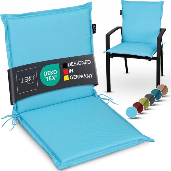 LILENO HOME Hochlehner-Auflage für Gartenstühle, Oeko-Tex zertifiziert, dargestellt auf einem Gartenstuhl.