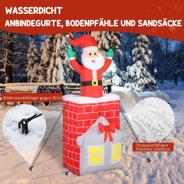 Aufblasbarer Weihnachtsmann im Schornstein mit Haus in verschneitem Park, aus Polyester, wasserdicht, inklusive Bodenpfähle, Sandsäcke und Gurte.