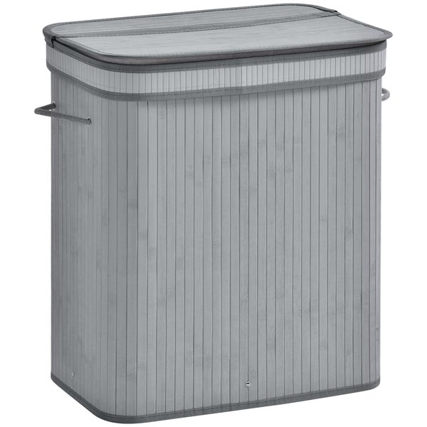 HOMCOM Bambus Wäschekorb schmal mit Deckel 100 L Wäschesammler mit Griffen, herausnehmbarer Wäschesack, Laundry Baskets für Waschküche Schlafzimmer Badezimmer Grau