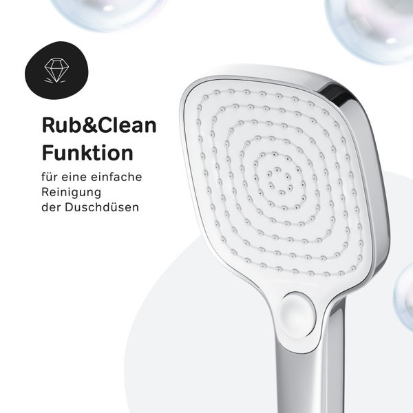 Quadratischer Duschkopf mit Rub and Clean Funktion zur einfachen Reinigung der Düsen von Kalkablagerungen