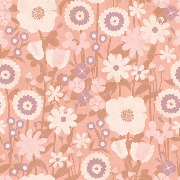 Tapete mit floralem Retro-Muster aus verschiedenen stilisierten Blumen.