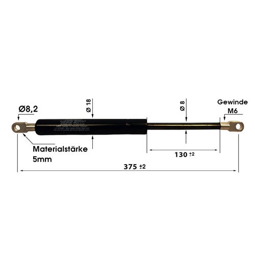 Gasdruckfeder mit Maßen: Gesamtlänge 375 Millimeter, Hub 130 Millimeter, Zylinderdurchmesser 18 Millimeter und M6 Gewinde.