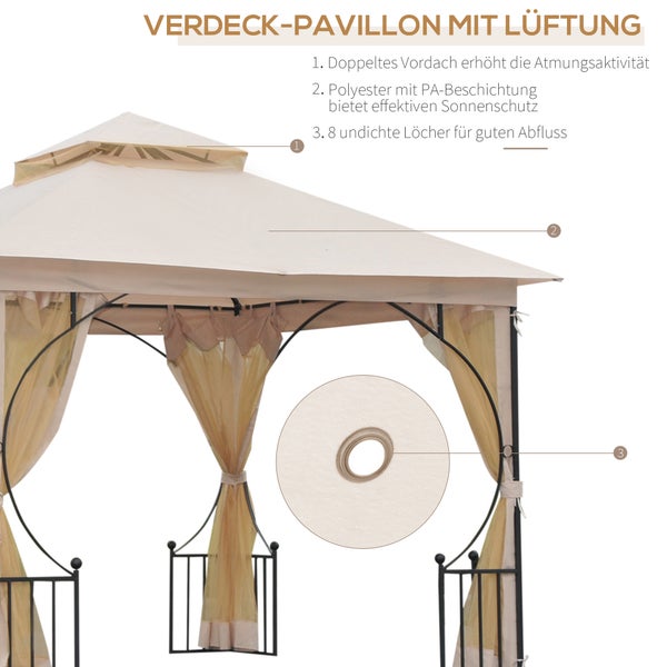Outsunny Pavillon, Gartenpavillon, 3x3m, Metall, Polyester, Moskitonetz, Beige+Schwarz