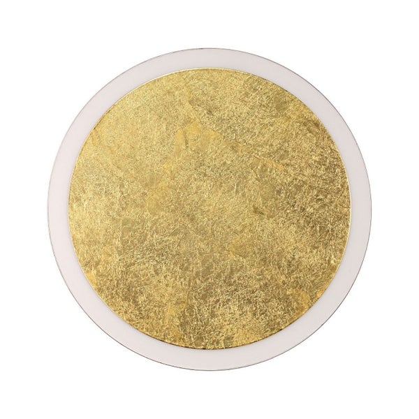 Runde Deckenleuchte mit Blattgold-Optik und weißem Glasrand.