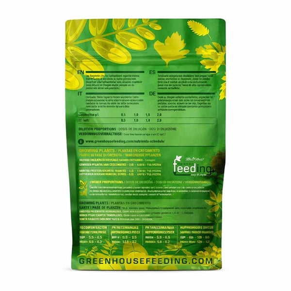 Verpackung Growdünger mit Dosierungsanleitung und Herstellerinformationen.