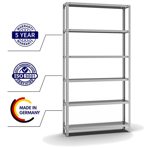 PROREGAL Fachbodenregal Schraubsystem Heavy-Duty Grundregal HxBxT 250 x 130 x 30 cm 6 Ebenen Fachlast 350 kg Beidseitig Nutzbar Verzinkt
