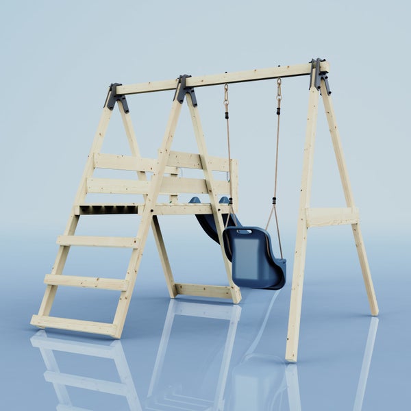 Spielturm aus Holz mit einer Kleinkinderschaukel, einer Kletterleiter, einem Podest und einer blauen Wellenrutsche.