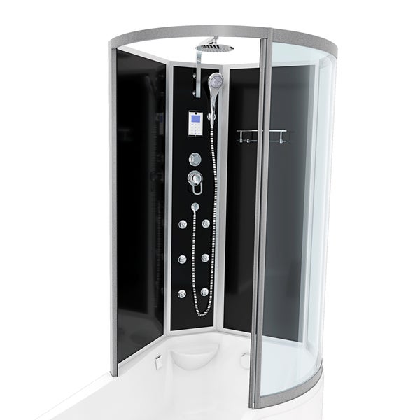 Dampfduschkabine mit schwarzer Rückwand, Regenduschkopf, Handbrause, Massagedüsen und gebogener Glasfront auf weißer Duschwanne.