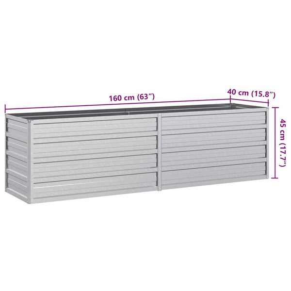 Hochbeet aus Metall mit Maßen: Länge 160 Zentimeter, Breite 40 Zentimeter, Höhe 45 Zentimeter.