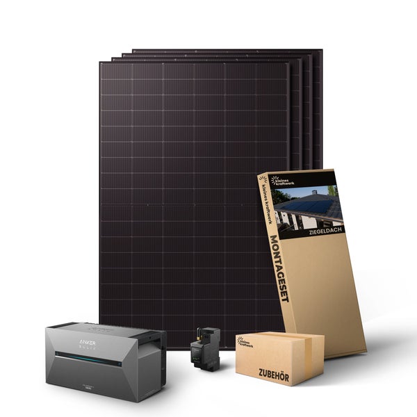 Balkonkraftwerk-Set mit vier Solarmodulen, Anker SOLIX Speicher, Smart Meter, Montageset für Ziegeldächer und Zubehörkarton.