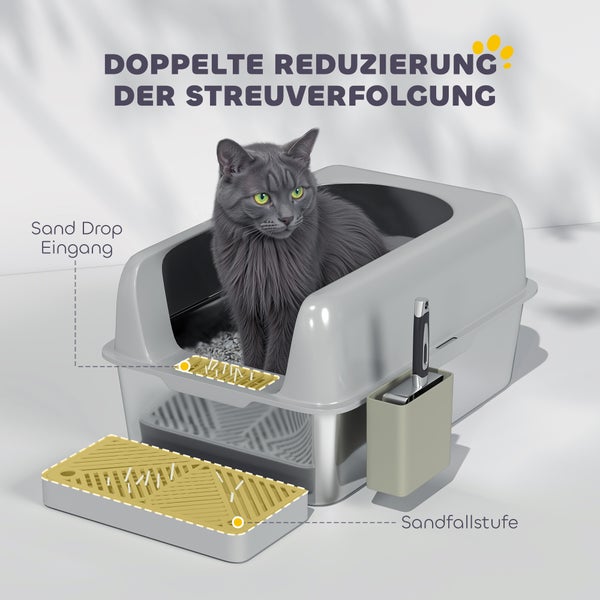 PawHut Katzenklo Edelstahl XXL 60x40x30 cm Katzentoilette mit Schaufel Katzenstreumatte Katzentoilette mit Aufbewahrungsbox Katze Toilettenhaus für Indoor Hellgrau