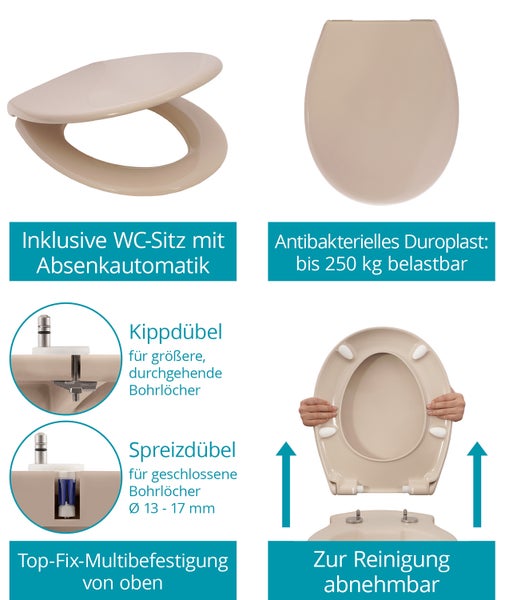 Calmwaters® Spülrandloses Hänge WC, Tiefspül WC aus Keramik, Komplettset mit WC Sitz mit Absenkautomatik in Beige-Bahamabeige, Waagerechter Abgang, WC Sitz aus antibakteriellem Duroplast, 99000190