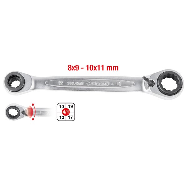 KS TOOLS 4 in 1 GEARplus Doppel-Ratschenringschlüssel umschaltbar 8 x 9 x 10 x 11 mm - 503.4541