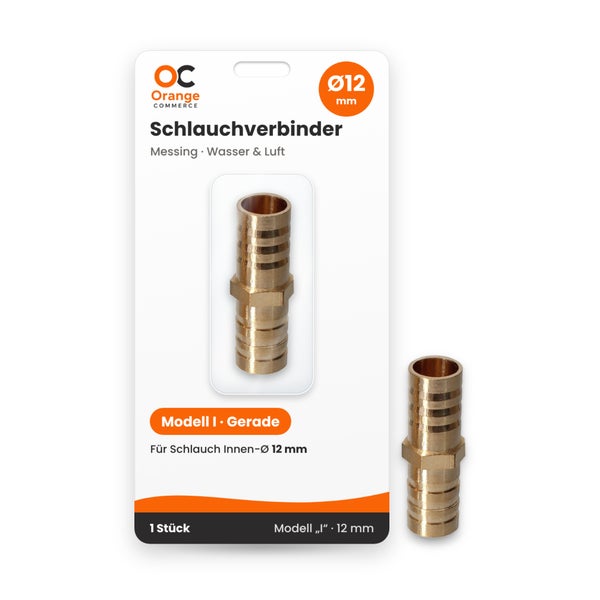 Gerader Schlauchverbinder aus Messing von Orange Commerce mit 12 Millimeter Durchmesser für Wasser und Luft in der Verkaufsverpackung