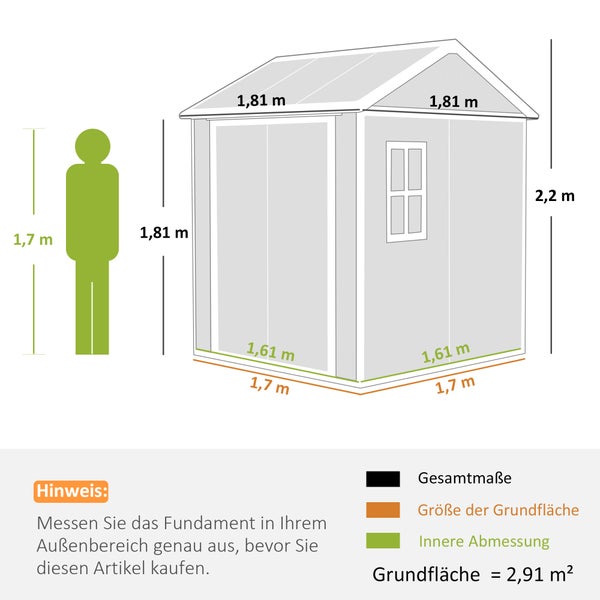 Abmessungen Gartenhaus mit einer Grundfläche von 2,91 Quadratmeter