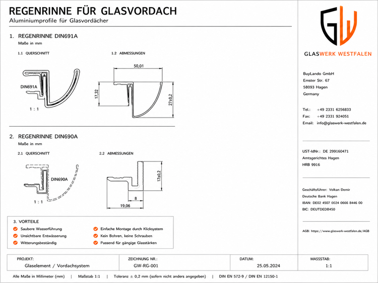 Regenrinnen für Glasvordächer aus Aluminium mit Maßen in Millimeter für die Modelle DIN691A und DIN690A. Glaswerk Westfalen Logo.