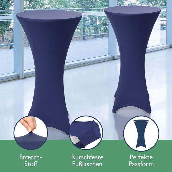 Zwei Stehtischhussen aus Stretchmaterial mit rutschfesten Fußlaschen und perfekter Passform