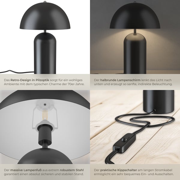 tectake Altea Kleine Retro-Tischlampe Altea, Pilzdesign, 40W 25 x 37 cm schwarz