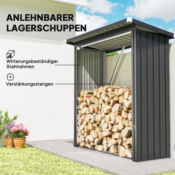 Anlehnbarer Lagerschuppen mit wetterbeständigem Stahlrahmen und Verstärkungsstangen, gefüllt mit Holz.