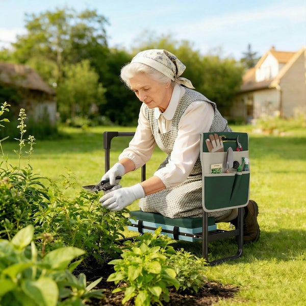 Eine Frau kniet auf einer gepolsterten, klappbaren Garten-Kniebank mit Werkzeugtasche und beschneidet Pflanzen in einem hellen Garten.