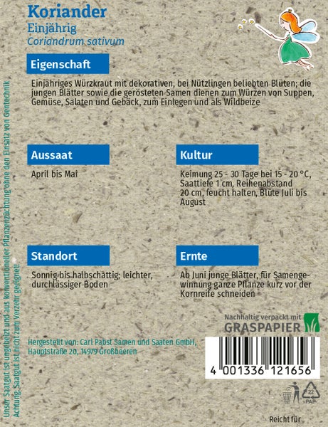 Rückseite einer Samentüte für Koriander aus Graspapier mit Hinweisen zu Aussaat, Kultur, Standort und Ernte sowie dem Graspapier Logo.