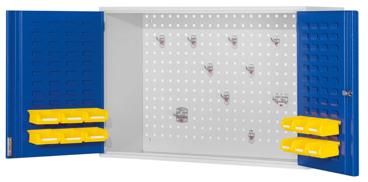 Werkzeugschrank mit Lochwand, Haken und Kunststoffbehältern zur Aufbewahrung von Werkzeugen