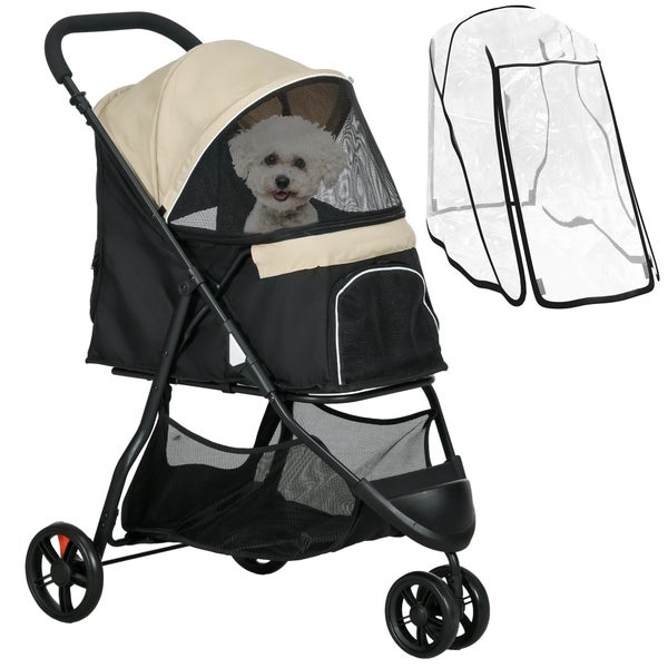PawHut 2 in 1 Hundewagen Hundebuggy mit Regenschutz klappbar für Hunde & Katzen bis 10 kg Katzenbuggy mit Kissen Netzfenstern Türen Aufbewahrungskorb Katzenwagen Buggy Khaki