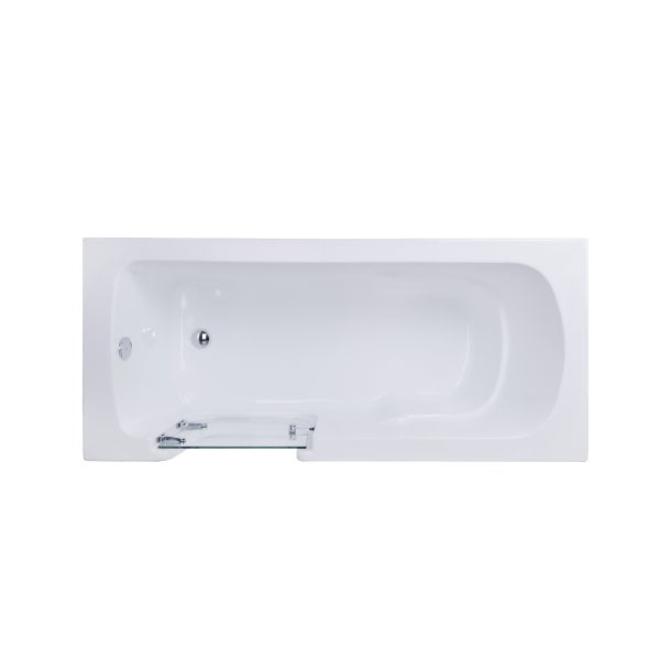 Weiße rechteckige Badewanne mit integrierter Glastür für den Einstieg, Ansicht von oben.