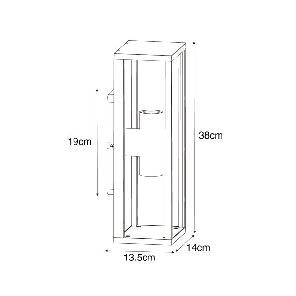 Technische Zeichnung einer Außenwandleuchte mit Maßen: Höhe 38 Zentimeter, Breite 13,5 Zentimeter, Tiefe 14 Zentimeter, Wandhalterung 19 Zentimeter.