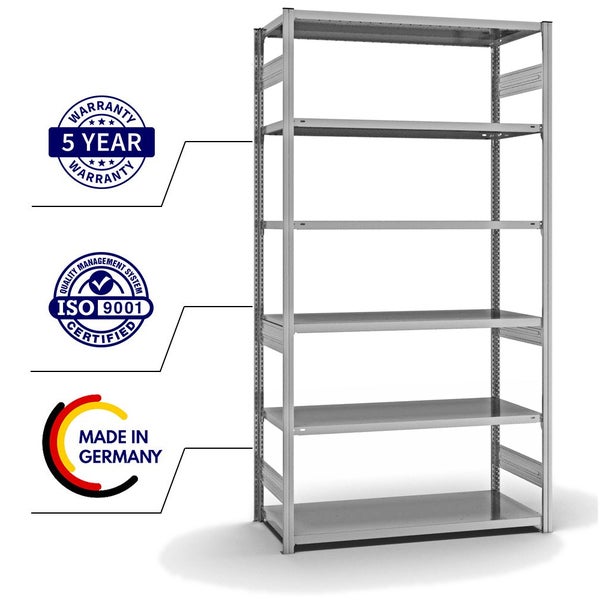 PROREGAL Fachbodenregal Stecksystem T-Profil Medium-Duty Grundregal HxBxT 250 x 130 x 60 cm 6 Ebenen Fachlast 240 kg Beidseitig Nutzbar Verzinkt