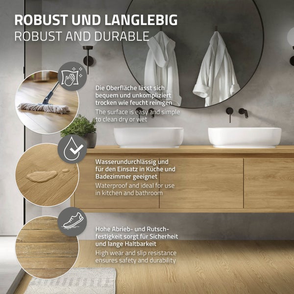 ML-Design Deluxe PVC Bodenbelag, Selbstklebende Vinyl-Dielen, Vinylboden, 91,5 cm x 15,3 cm x 2 mm, Dicke 2 mm, 6,69m²/48 Dielen, Natur Eiche, Holzoptik, rutschfest, wasserfest, Einfache Verlegung