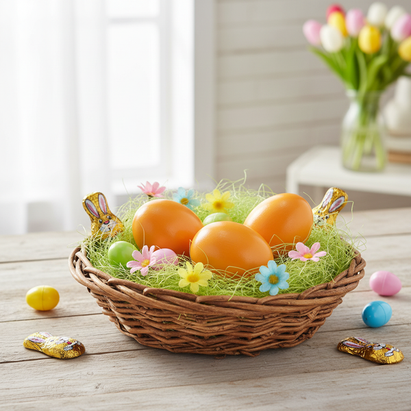 Osterkorb aus Weide mit grünem Gras, großen orangefarbenen Eiern, bunten Eiern, Kunstblumen und Schokohase auf Holztisch in hellem Raum.