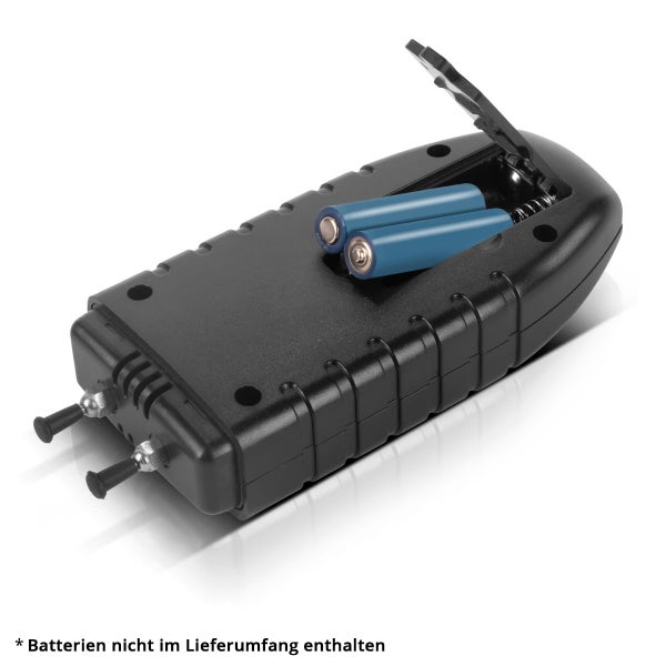 Feuchtigkeitsmesser mit geöffnetem Batteriefach und eingesetzten Batterien