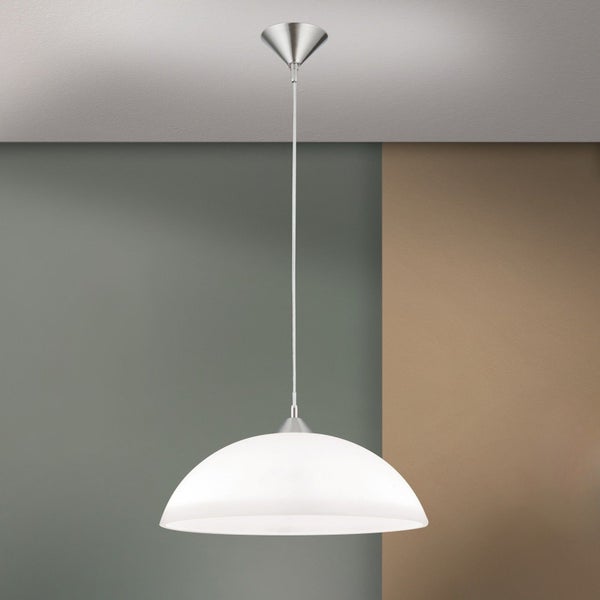 Moderne Pendelleuchte mit halbkugelförmigem Glasschirm und Aufhängung zur Deckenmontage