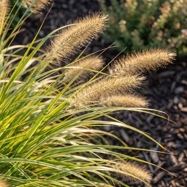 Lampenputzergras mit flauschigen Blütenähren und grün-gelben Halmen in einem Gartenbeet.