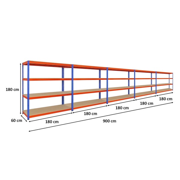 PROREGAL Mega Deal 5x Profi Schwerlastregal Bison HxBxT 200 x 200 x 60 cm 4 Fachböden Fachlast 600 kg Blau-Orange