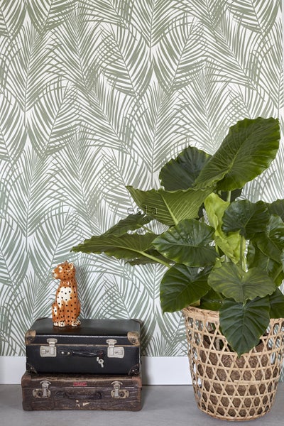 Dekorative Szene mit Tapete mit Palmenblattmuster, Zimmerpflanze in einem Korb und Vintage-Koffern.