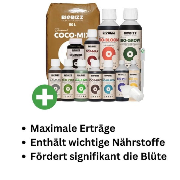 BioBizz Coco Mix Set Big XL – 50L Kokos-Substrat + Bio Grow & Bloom (je 500 ml) + Alg-A-Mic, Top-Max, Root Juice, Acti Vera, Heaven & mehr – Komplettset für kräftiges Wachstum & Blüte inkl. Pipette