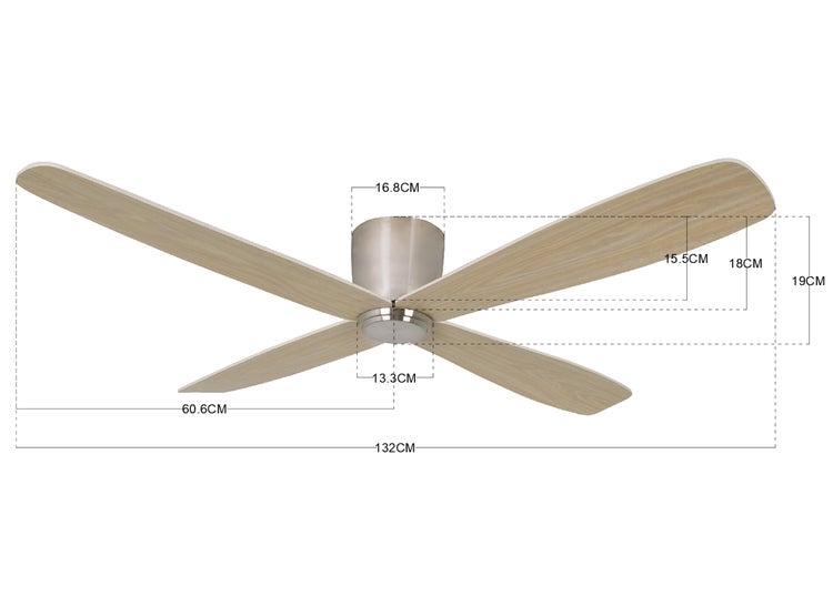 Deckenventilator mit vier Holzflügeln und Maßangaben zur technischen Planung.