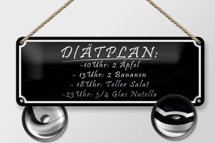 Blechschild Spruch 27x10cm Diätplan 2 Äpfel 2 Bananen Salat Dekoration