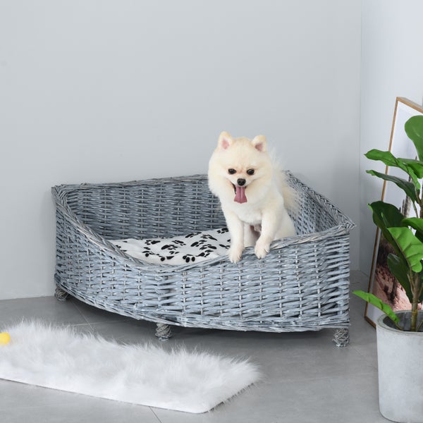PawHut Hundesofa aus Ratten Haustierbett für kleine Katzen und Hunde Haustiersofa Katzensofa Weichem Bezug Eck Hundebett Hundecouch Weide Plüsch Grau 68 x 68 x 32 cm
