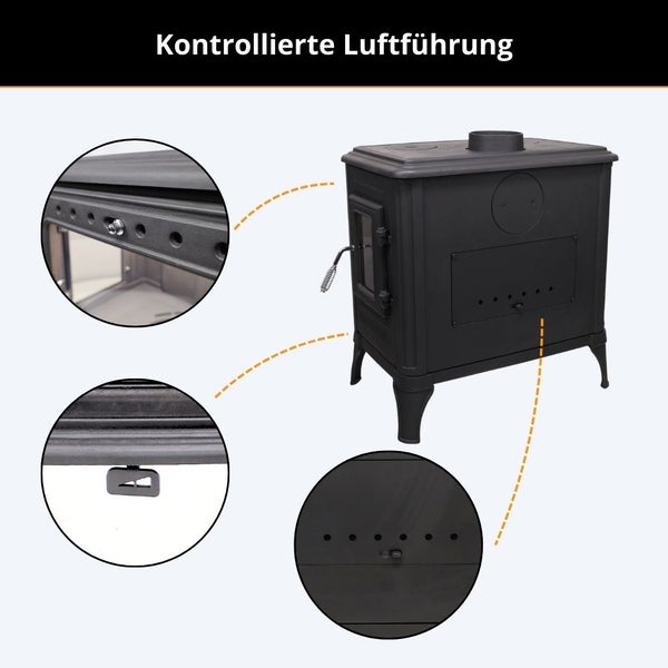 Kaminofen mit kontrollierter Luftführung, Detailansichten der Luftschieber und Belüftungsöffnungen zur präzisen Regulierung der Verbrennungsluft.