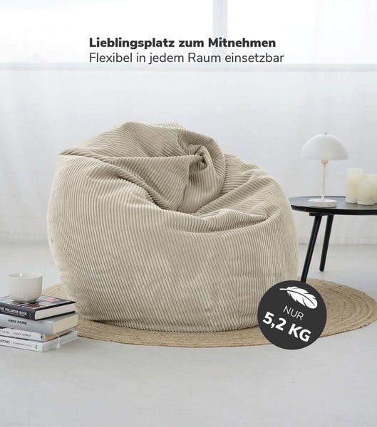 mokebo Sitzsack Cord XXL in Beige 'Der Tagträumer', Bean Bag mit EPS-Perlen Füllung