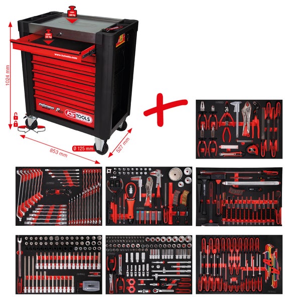 Roter und schwarzer KS Tools Werkstattwagen Performance Plus P10 mit acht Schubladen und Rollen, KS Tools Logo.