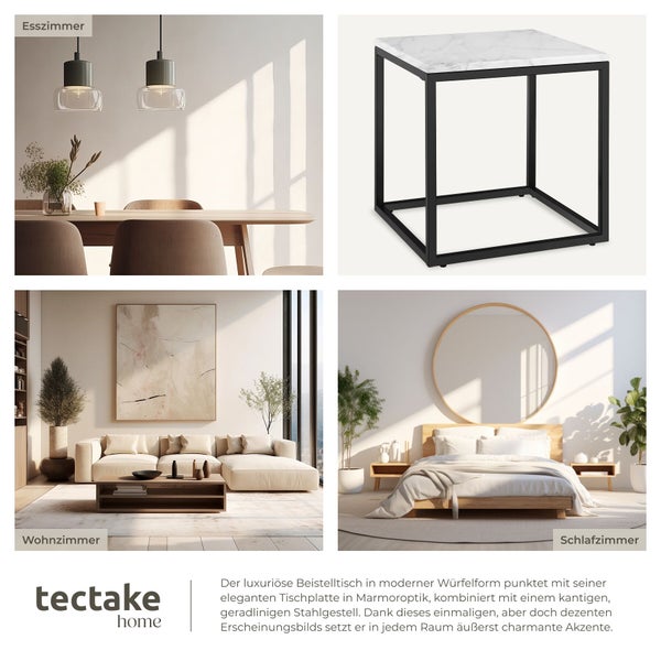 Würfelförmiger Beistelltisch mit Tischplatte in Marmoroptik und schwarzem Stahlgestell, in Wohnzimmer, Schlafzimmer und Esszimmer. tectake home Logo.
