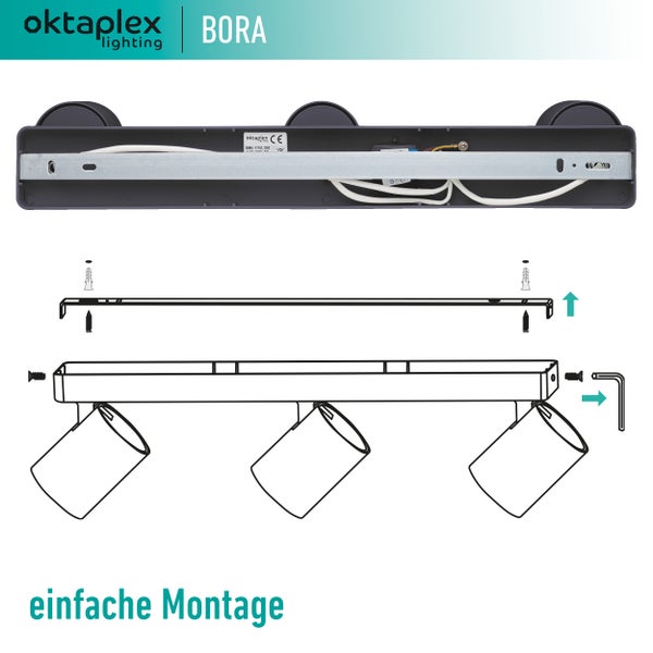 Bora Deckenstrahler 3 flammig GU10 LED Spotbalken 45 cm schwenkbar Schwarz Wand- und Deckenmontage zeitlos elegant