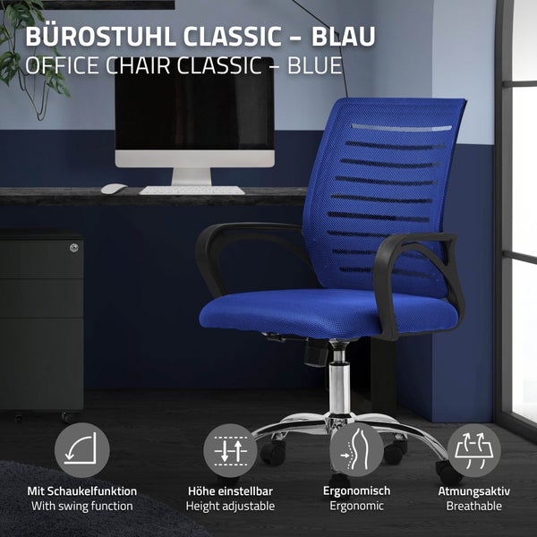 ML-Design Bürostuhl ergonomisch, Blau, Höhenverstellbarer Schreibtischstuhl mit Armlehnen, Computerstuhl mit atmungsaktiver Netzbespannung, Wippfunktion, 360° Drehstuhl mit Rollen, Gaming Stuhl