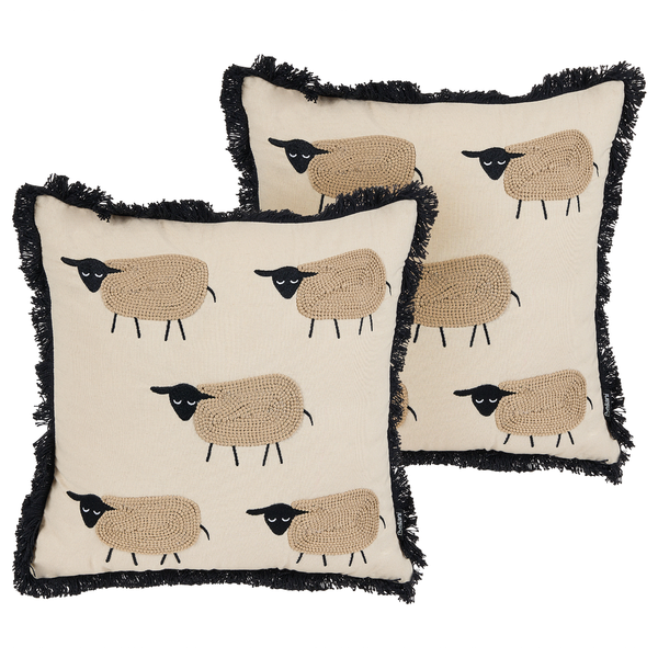 Dekokissen Tiermotiv Baumwolle beige bestickt mit Fransen 45 x 45 cm 2er Set BANNU